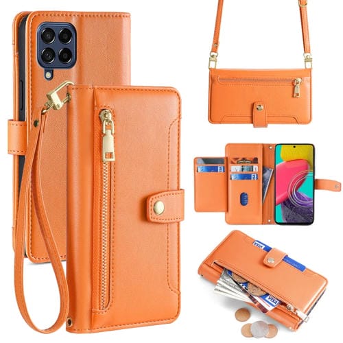 Funda para Samsung Galaxy M53 5G Cuero con Billetera Cremallera y Cuerpo Cruzado Textura de Oveja (Naranja)