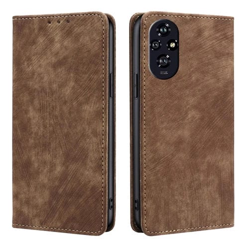 Funda de Cuero Magnética con Cepillo Antirrobo RFID para Honor 200 5G (Marrón)