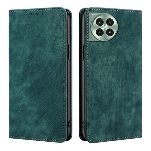 Funda de Cuero Magnética con Cepillo Antirrobo RFID para OnePlus Ace 3 Pro 5G (Verde)