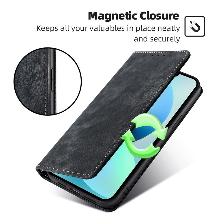 Funda de Cuero Magnética con Cepillo Antirrobo RFID para OnePlus Nord CE 4 Lite 5G (Negro)