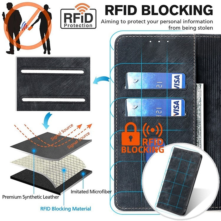 Funda de Cuero Magnética con Cepillo Antirrobo RFID para OnePlus Nord CE 4 Lite 5G (Negro)