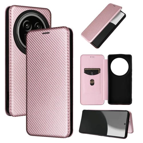 Funda de Cuero con Tapa y Textura de Fibra de Carbono para Sharp Aquos R9 Pro (Rosa)