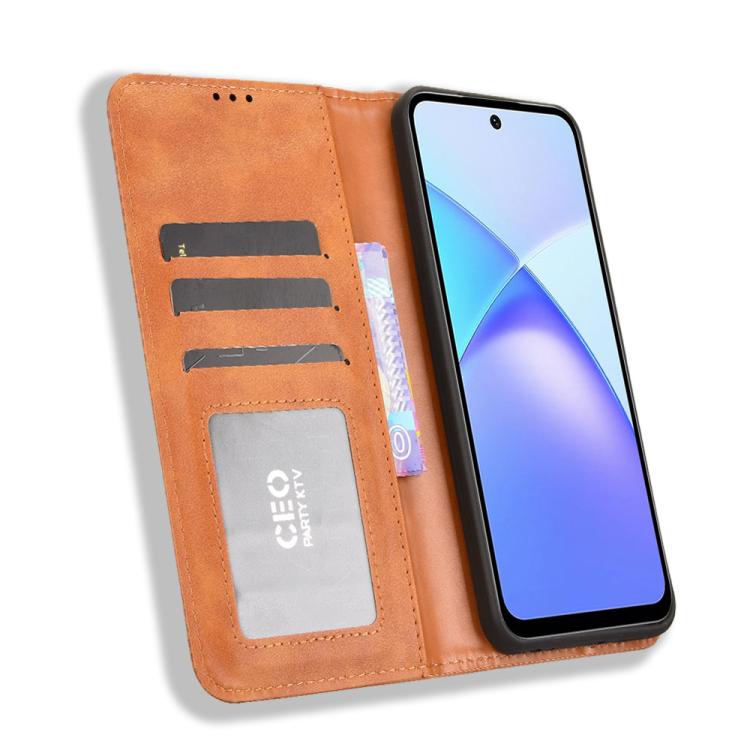 Funda de cuero con textura retro y hebilla magnética para Infinix Smart 10 Plus 4G (marrón)
