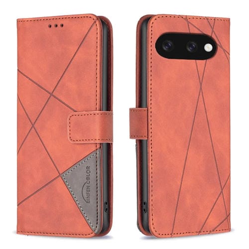 Funda de Cuero con Textura de Rombos y Hebilla Magnética para Google Pixel 9A (Marrón)