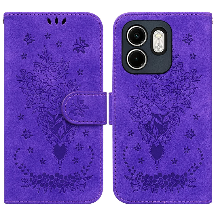 Funda de Cuero con Relieve Mariposa y Rosa para Infinix Hot 50I Smart 9 (Morado)