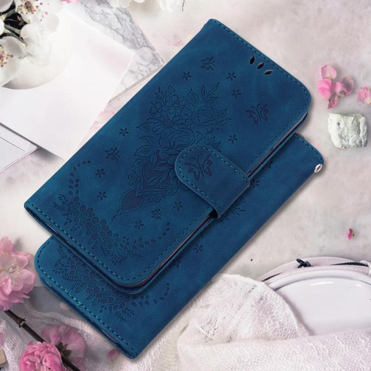 Funda de cuero con relieve de mariposa y rosa para Infinix Hot 50 Pro 4G (azul)