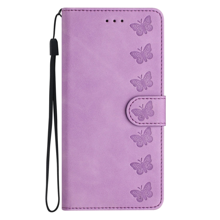Caja de teléfono de cuero para Samsung Galaxy A50 Seven Butterflies en relieve (Púrpura)