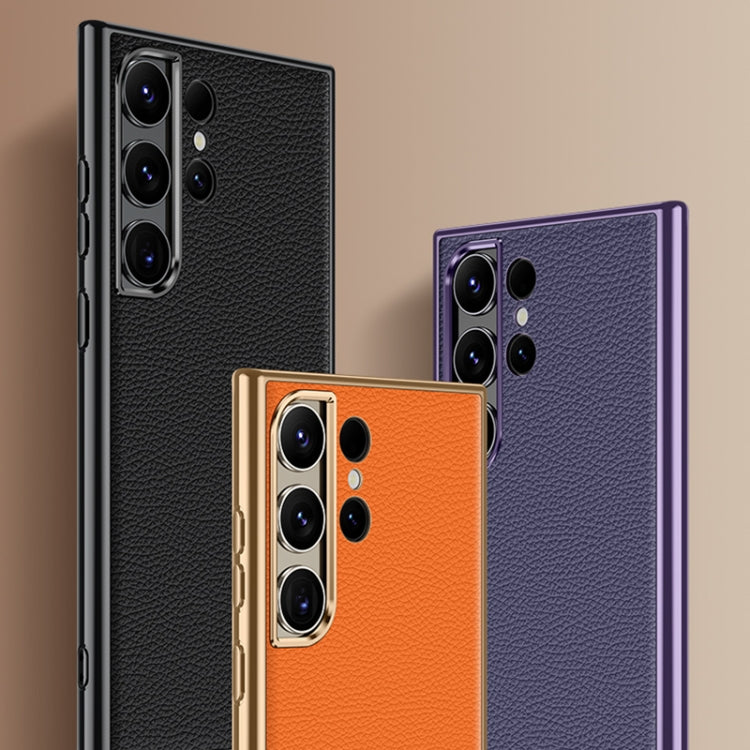 Para Samsung Galaxy S23 Ultra 5G Litchi Textura Funda de teléfono de cuero genuino (Púrpura)