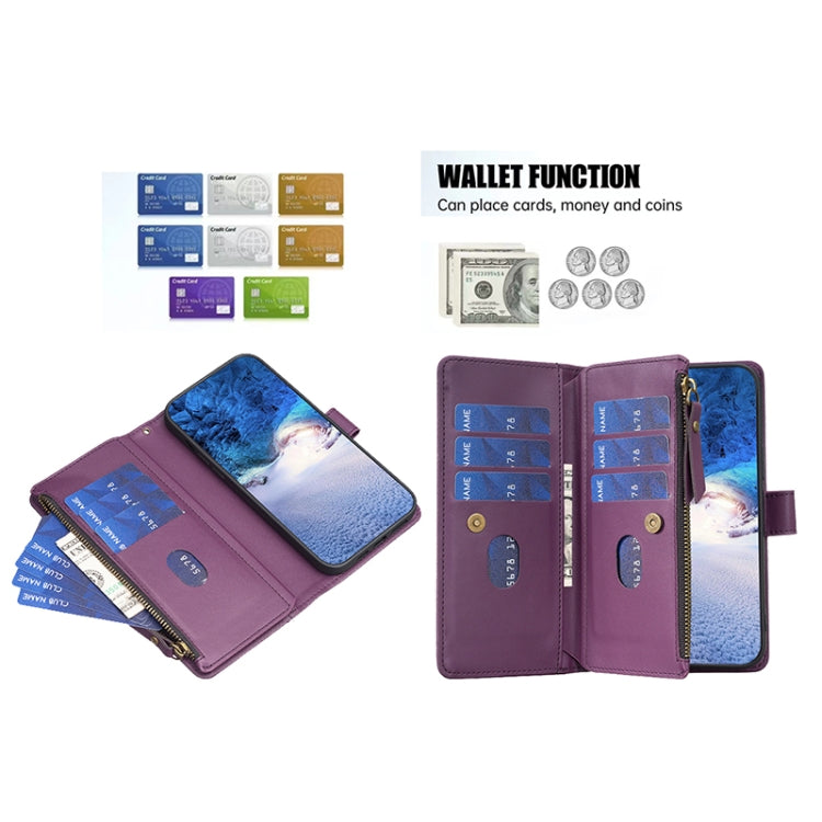Para Samsung Galaxy A13 9 Ranuras para tarjetas Cremallera Cartera Funda de cuero con tapa para teléfono (Púrpura oscuro)