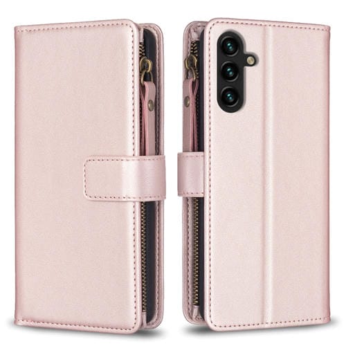 Para Samsung Galaxy A13 9 Ranuras para tarjetas Cremallera Cartera Funda de cuero con tapa para teléfono (Oro rosa)