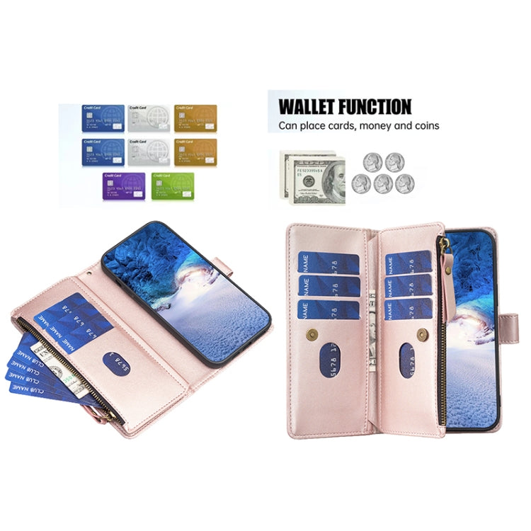 Para Samsung Galaxy A13 9 Ranuras para tarjetas Cremallera Cartera Funda de cuero con tapa para teléfono (Oro rosa)