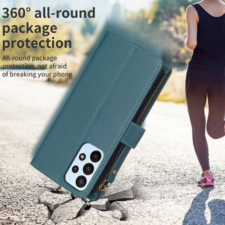 Para Samsung Galaxy A23 4G 9 Ranuras para tarjetas Cremallera Cartera Funda de cuero con tapa para teléfono (Verde)