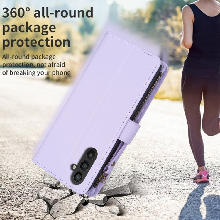 Para Samsung Galaxy A24 4G 9 Ranuras para tarjetas Cremallera Cartera Funda de cuero con tapa para teléfono (Morado claro)