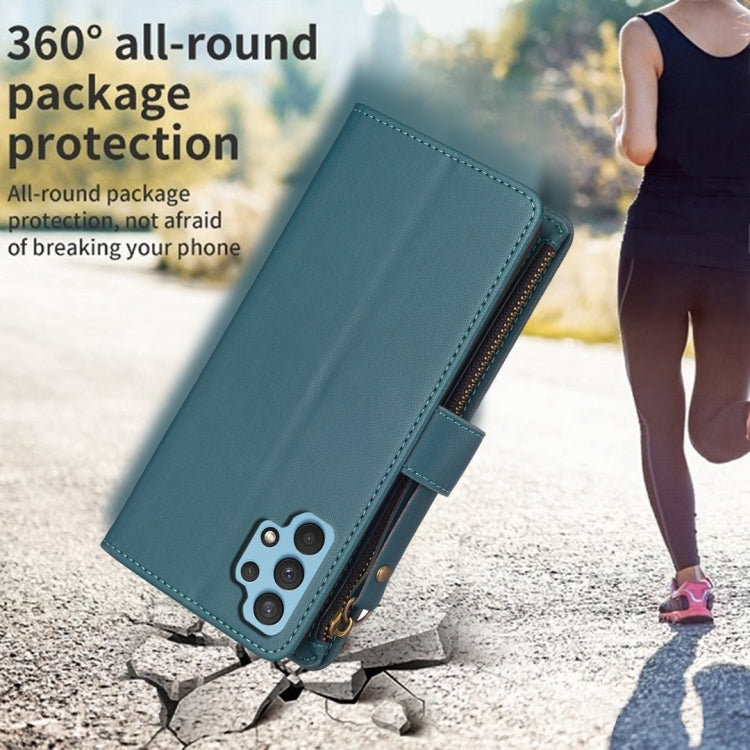 Para Samsung Galaxy A32 4G 9 Ranuras para tarjetas Cremallera Cartera Funda de cuero con tapa para teléfono (Verde)