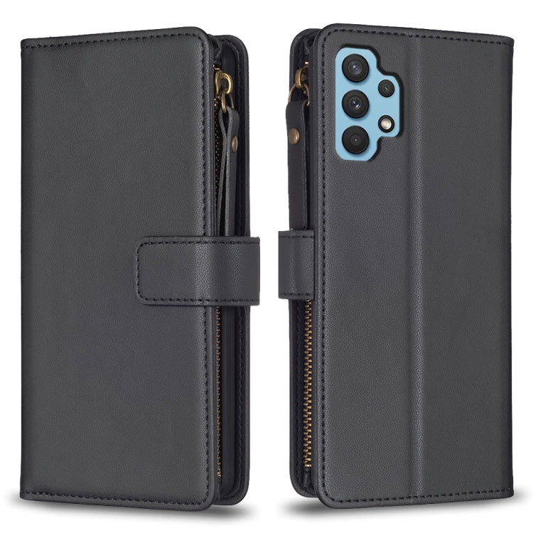 Para Samsung Galaxy A32 4G 9 Ranuras para tarjetas Cremallera Cartera Funda de cuero con tapa para teléfono (Negro)