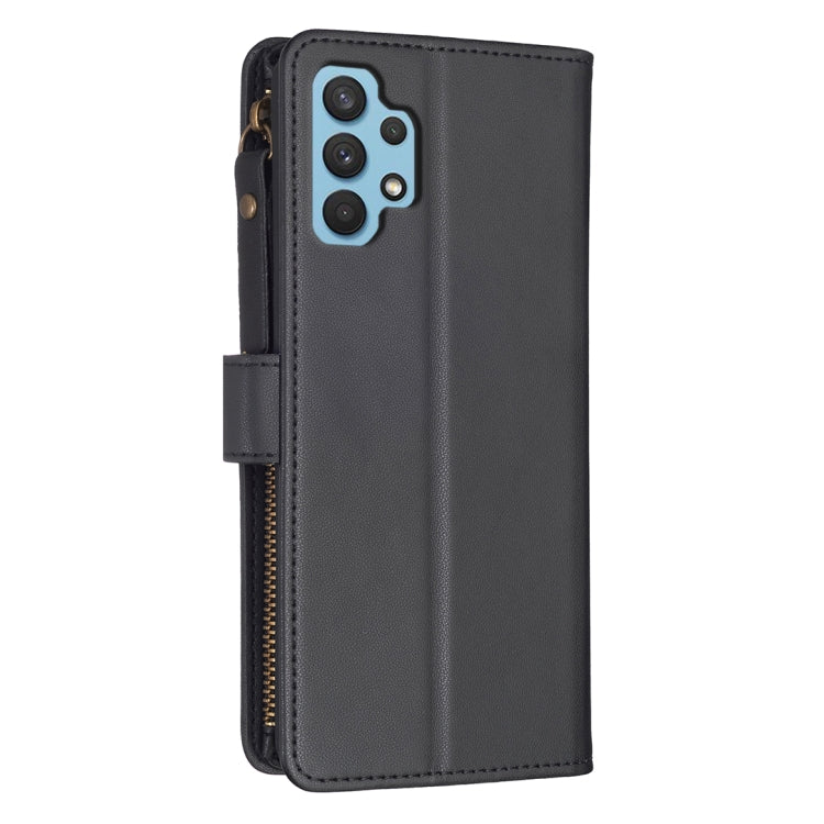 Para Samsung Galaxy A32 4G 9 Ranuras para tarjetas Cremallera Cartera Funda de cuero con tapa para teléfono (Negro)