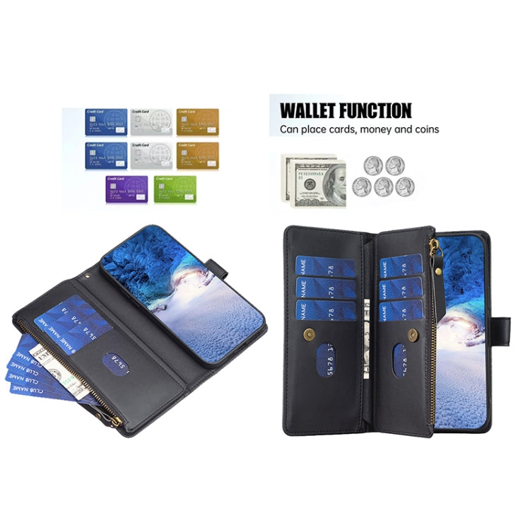 Para Samsung Galaxy A32 4G 9 Ranuras para tarjetas Cremallera Cartera Funda de cuero con tapa para teléfono (Negro)