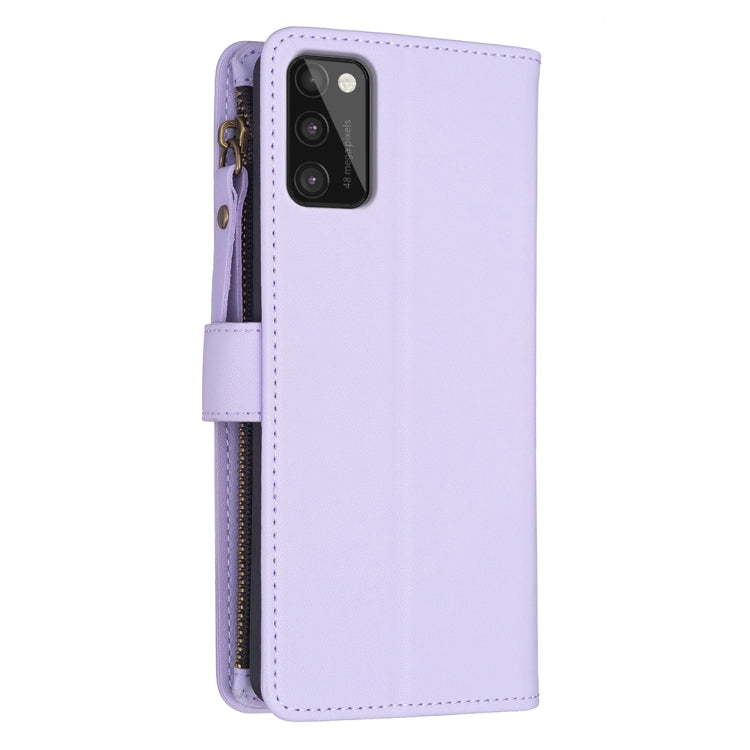 Para Samsung Galaxy A41 9 Ranuras para tarjetas Cremallera Cartera Funda de cuero con tapa para teléfono (Morado claro)