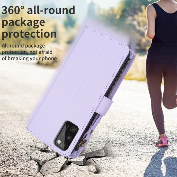 Para Samsung Galaxy A41 9 Ranuras para tarjetas Cremallera Cartera Funda de cuero con tapa para teléfono (Morado claro)