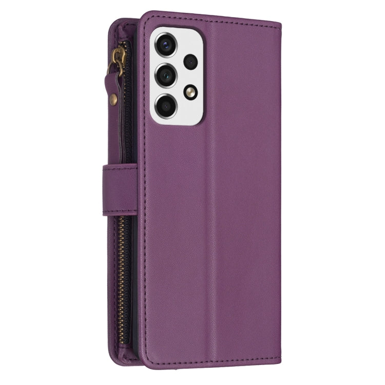 Para Samsung Galaxy A53 9 Ranuras para tarjetas Cremallera Cartera Funda de cuero con tapa para teléfono (Morado oscuro)