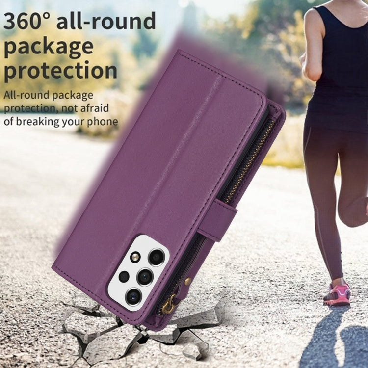 Para Samsung Galaxy A53 9 Ranuras para tarjetas Cremallera Cartera Funda de cuero con tapa para teléfono (Morado oscuro)