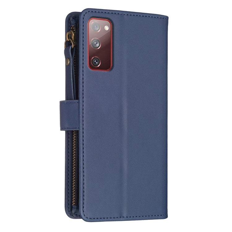 Para Samsung Galaxy S20 FE 9 Ranuras para tarjetas Cremallera Cartera Funda de cuero con tapa para teléfono (Azul)