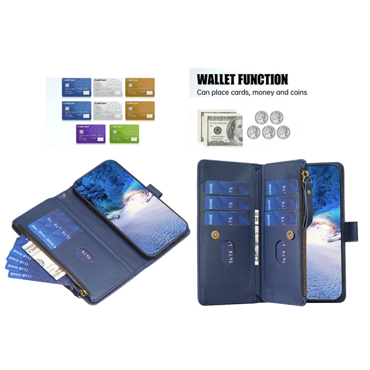 Para Samsung Galaxy S20 FE 9 Ranuras para tarjetas Cremallera Cartera Funda de cuero con tapa para teléfono (Azul)