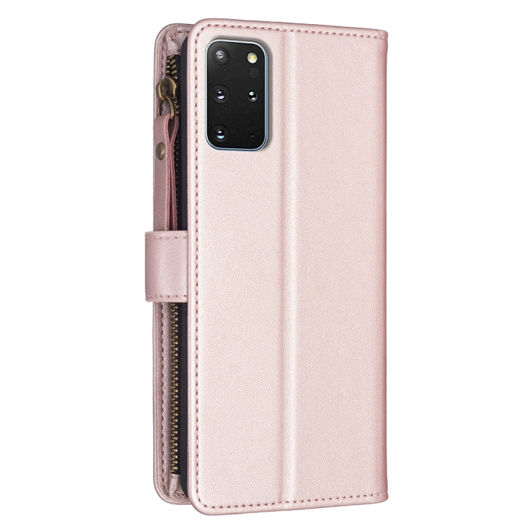 Para Samsung Galaxy S20+ 9 Ranuras para tarjetas Cremallera Cartera Funda de cuero con tapa para teléfono (Oro rosa)