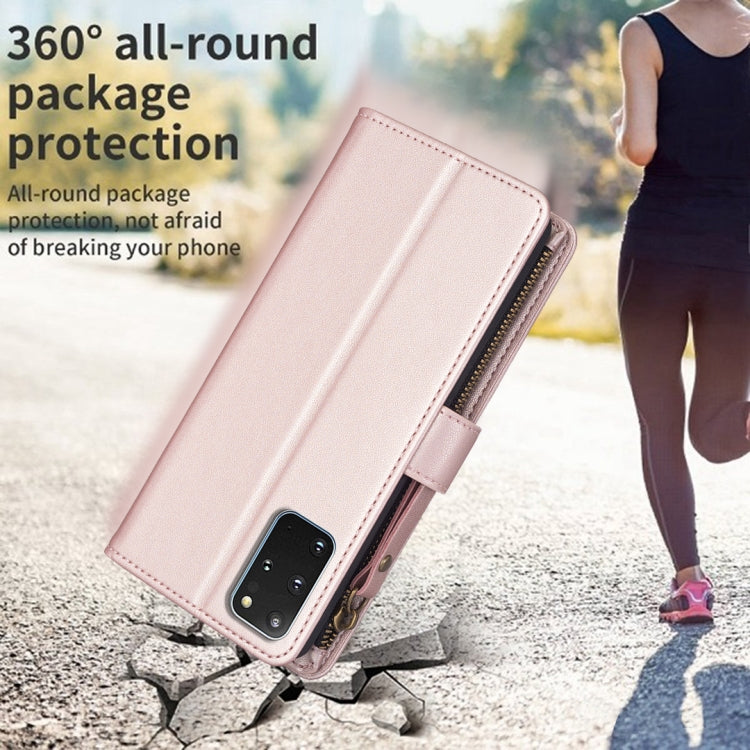 Para Samsung Galaxy S20+ 9 Ranuras para tarjetas Cremallera Cartera Funda de cuero con tapa para teléfono (Oro rosa)