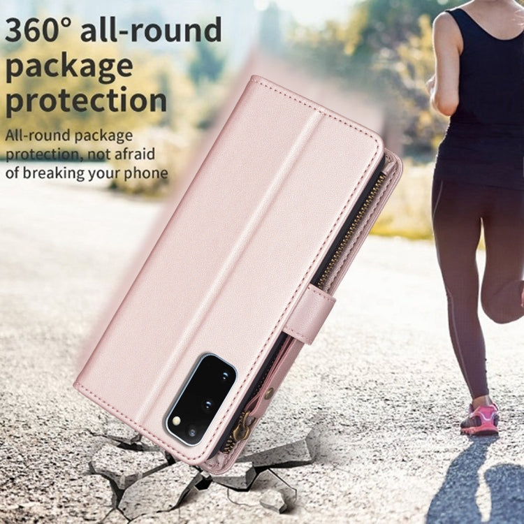 Para Samsung Galaxy S20 9 Ranuras para tarjetas Cremallera Cartera Funda de cuero con tapa para teléfono (Oro rosa)