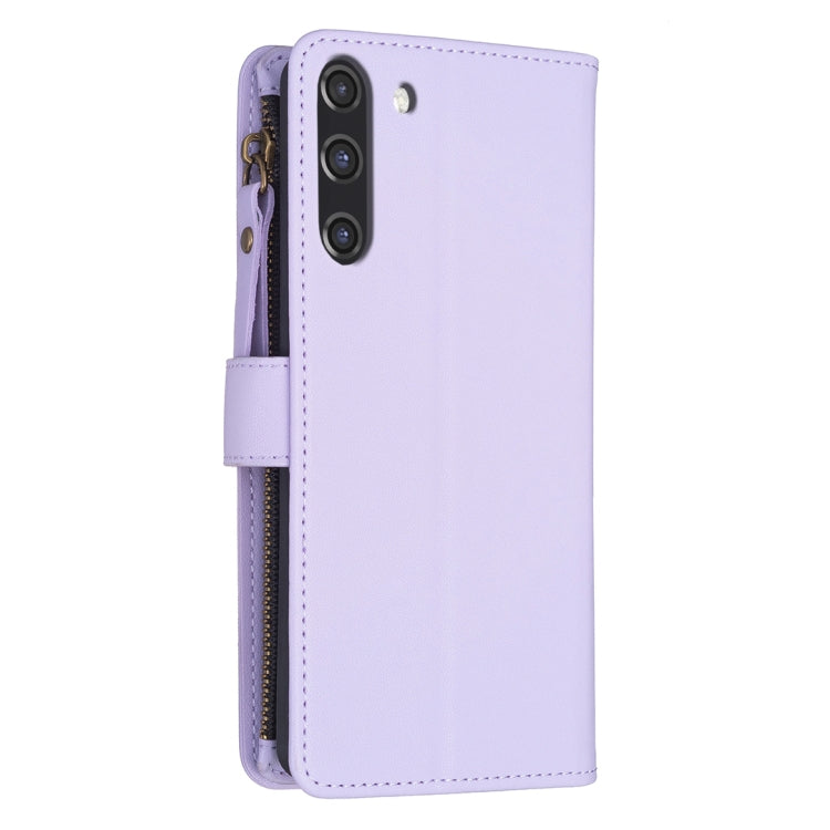 Para Samsung Galaxy S21 FE 5G 9 Ranuras para tarjetas Cremallera Cartera Funda de cuero con tapa para teléfono (Morado claro)