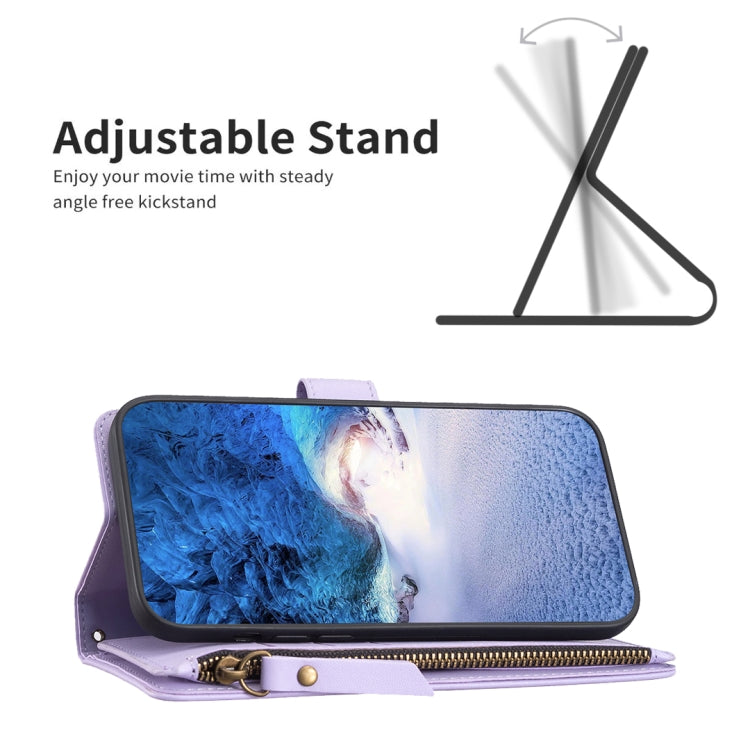 Para Samsung Galaxy S21 FE 5G 9 Ranuras para tarjetas Cremallera Cartera Funda de cuero con tapa para teléfono (Morado claro)