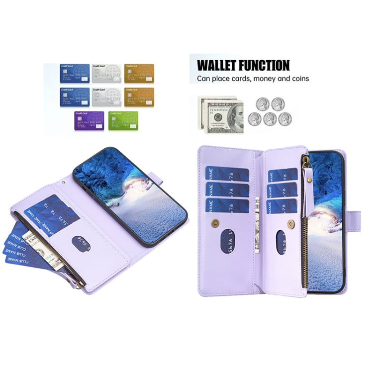 Para Samsung Galaxy S21 FE 5G 9 Ranuras para tarjetas Cremallera Cartera Funda de cuero con tapa para teléfono (Morado claro)