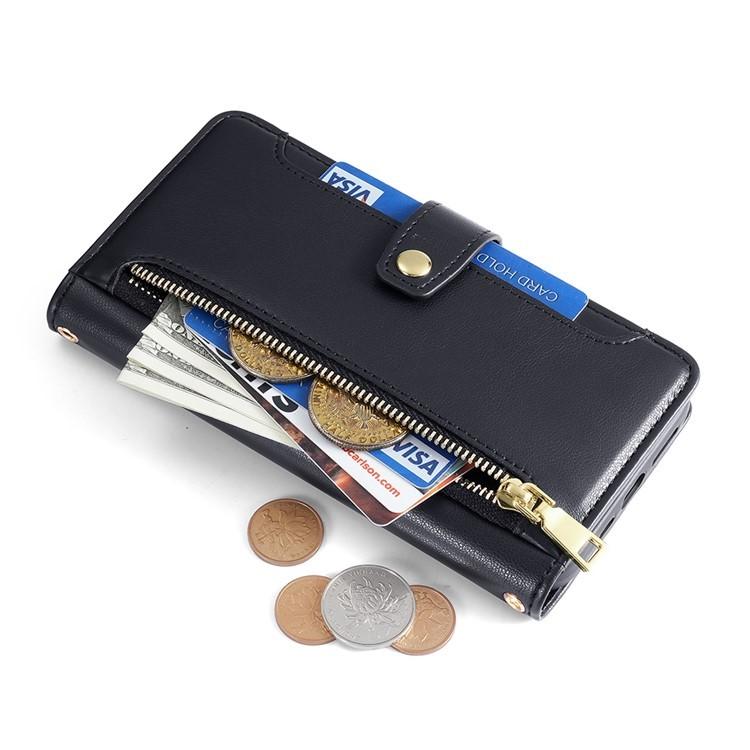Funda de Cuero Tipo Cartera con Cremallera y Textura de Oveja para Realme 14 Pro 5G (Negro)