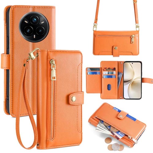 Funda de Cuero Tipo Cartera con Cremallera y Textura de Oveja para Realme 14 Pro 5G Global (Naranja)