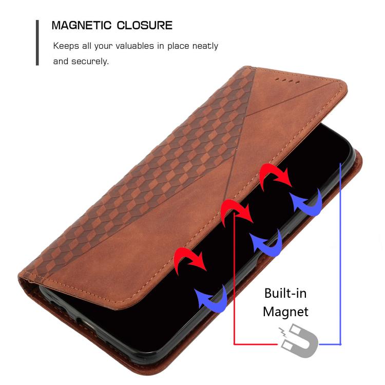 Funda de Cuero Magnética con Textura de Diamante para Realme 14 Pro (Marrón)
