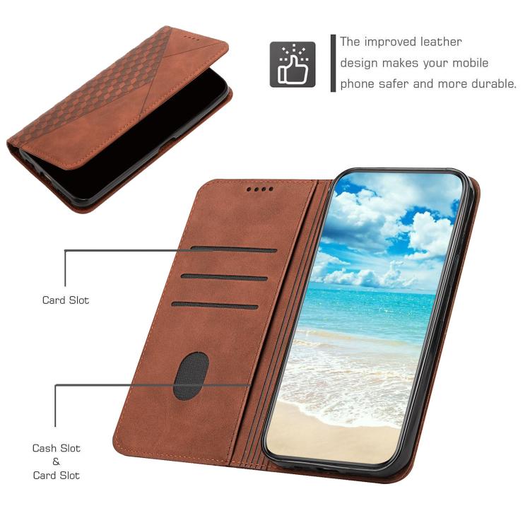 Funda de Cuero Magnética con Textura de Diamante para Realme 14 Pro (Marrón)
