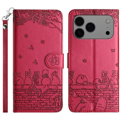 Funda de piel con estampado de gato y cordón para iPhone 17 Pro Max (roja)