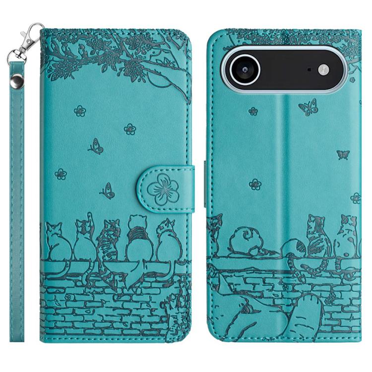Funda de piel con estampado de gato en relieve para iPhone 17 Air con cordón (azul)