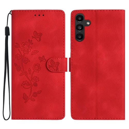 Funda de Cuero Samsung Galaxy A15 con Patrón de Mariposas y Flores (Rojo)