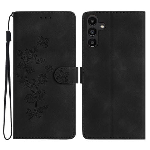 Funda de Cuero Samsung Galaxy A15 Estampado Mariposa y Flores (Negro)