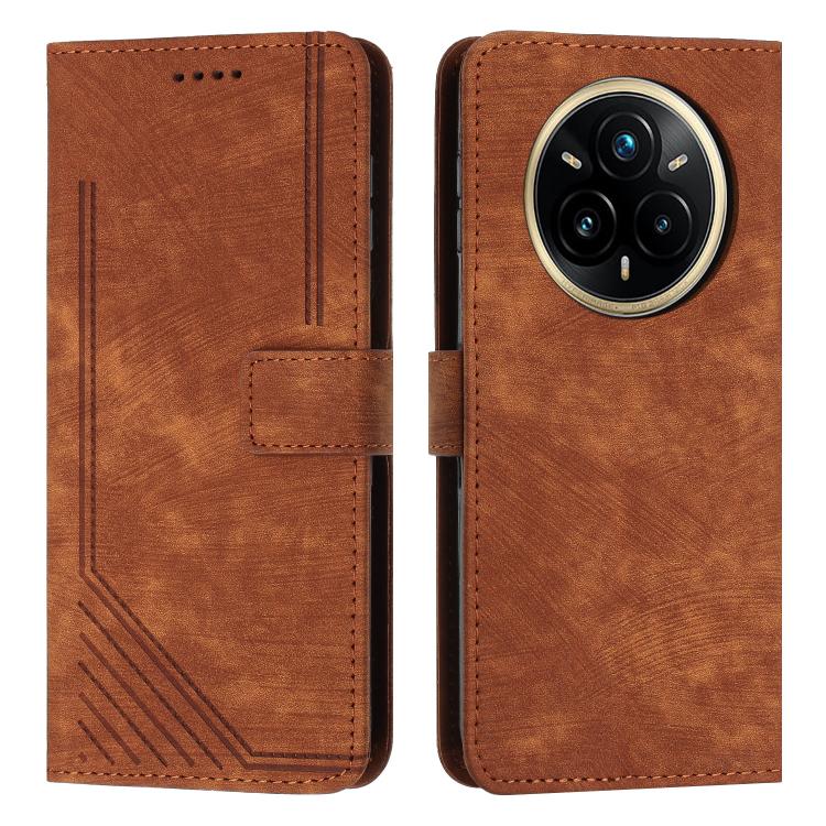 Funda de Cuero con Estampado de Rayas y Cordón para Realme 14 Pro (Marrón)