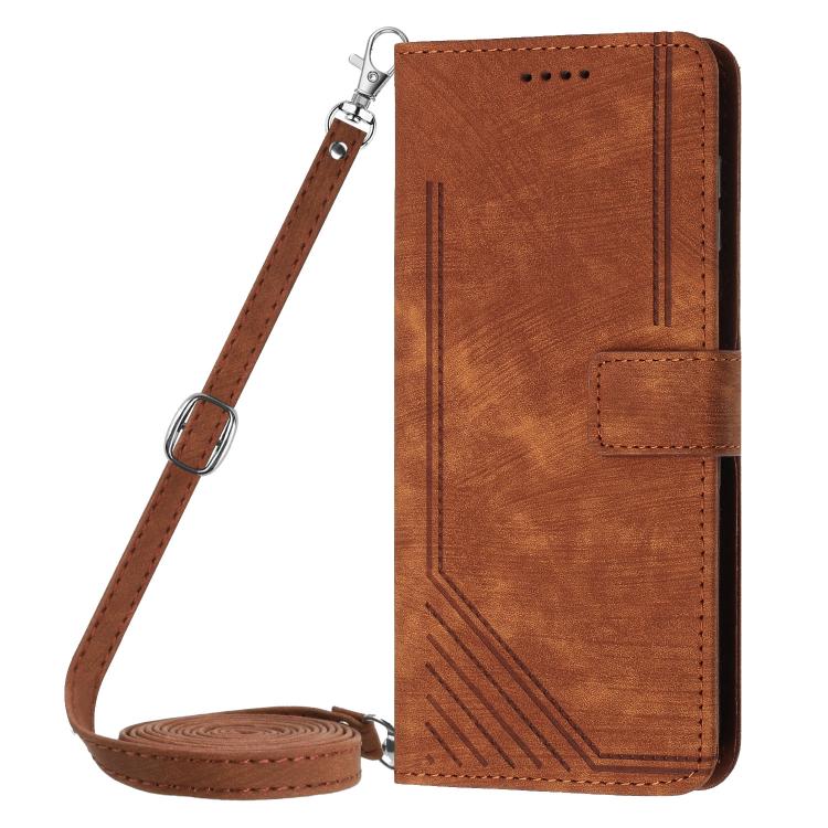 Funda de Cuero con Estampado de Rayas y Cordón para Realme 14 Pro (Marrón)