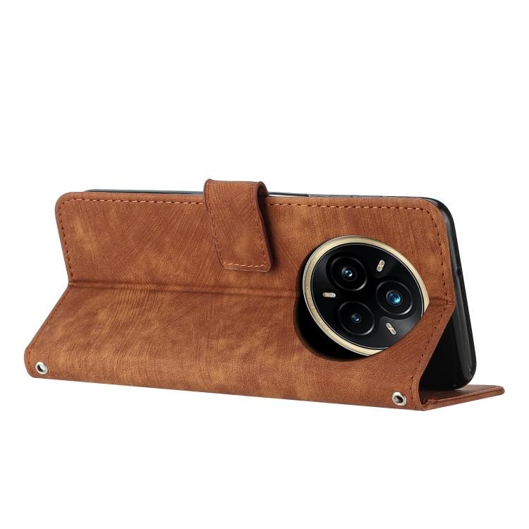 Funda de Cuero con Estampado de Rayas y Cordón para Realme 14 Pro (Marrón)