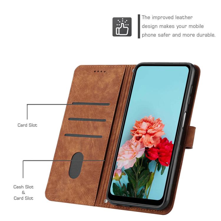 Funda de Cuero con Estampado de Rayas y Cordón para Realme 14 Pro (Marrón)