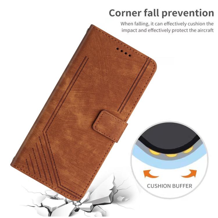 Funda de Cuero con Estampado de Rayas y Cordón para Realme 14 Pro (Marrón)