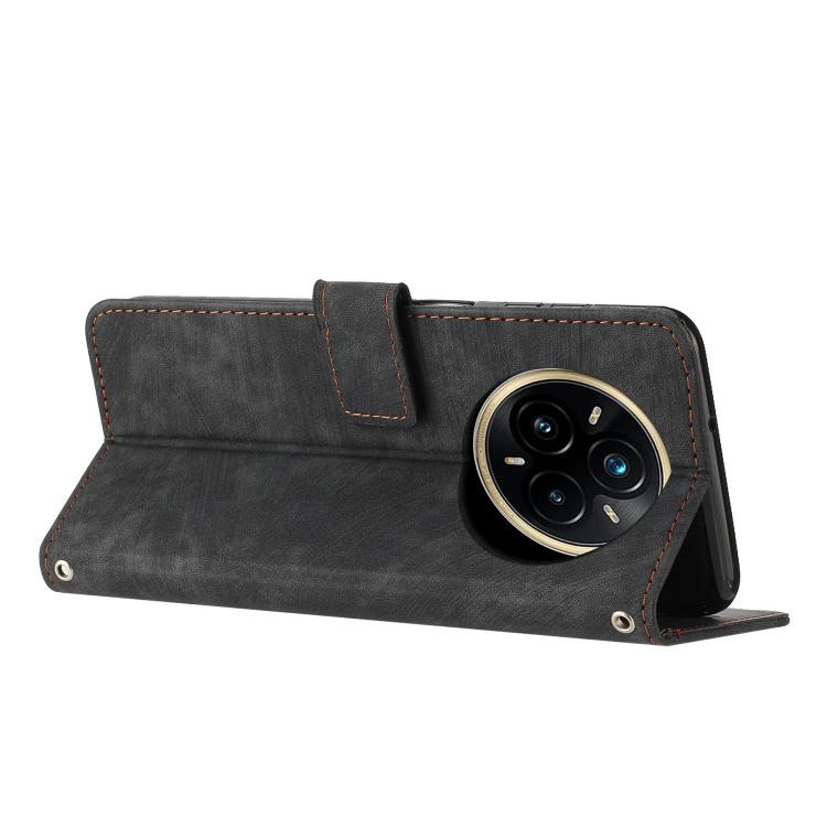Funda de Cuero con Estampado de Rayas y Cordón para Realme 14 Pro (Negro)