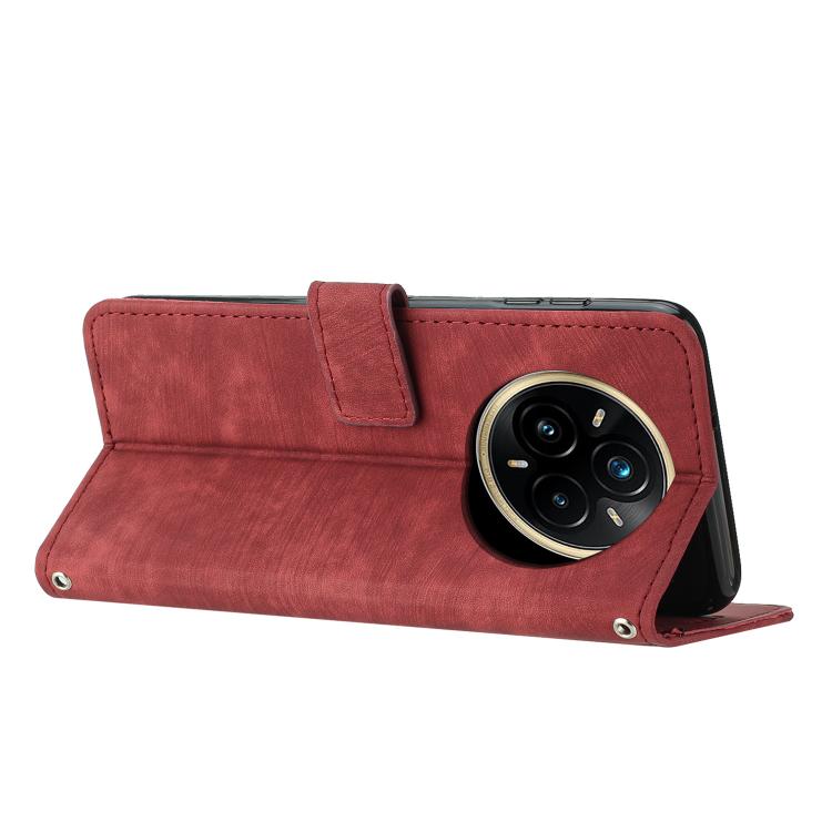 Funda de Cuero con Estampado de Rayas y Cordón para Realme 14 Pro+ (Roja)