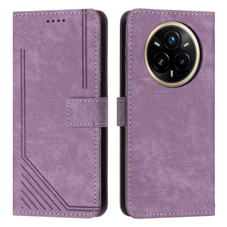 Funda de Cuero con Estampado de Rayas y Cordón para Realme 14 Pro+ (Morado)