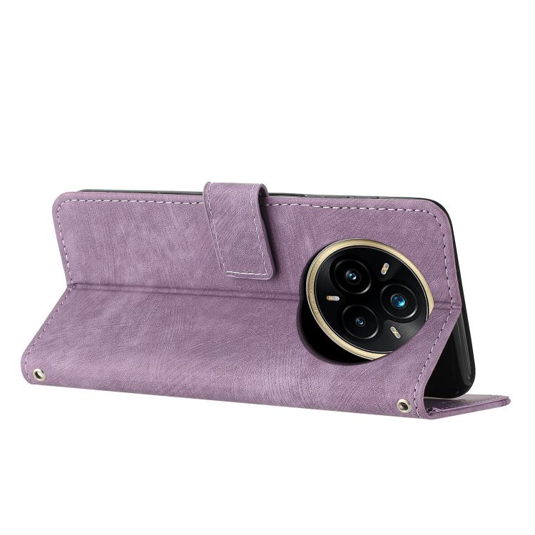 Funda de Cuero con Estampado de Rayas y Cordón para Realme 14 Pro+ (Morado)